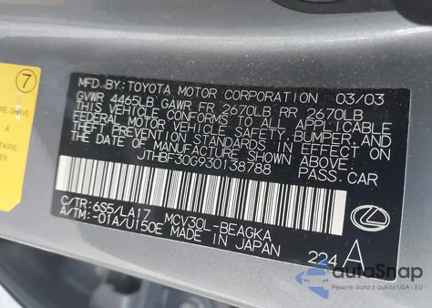 2003 Lexus Es 300 from USA, damaged, VIN JTHBF30G930138788